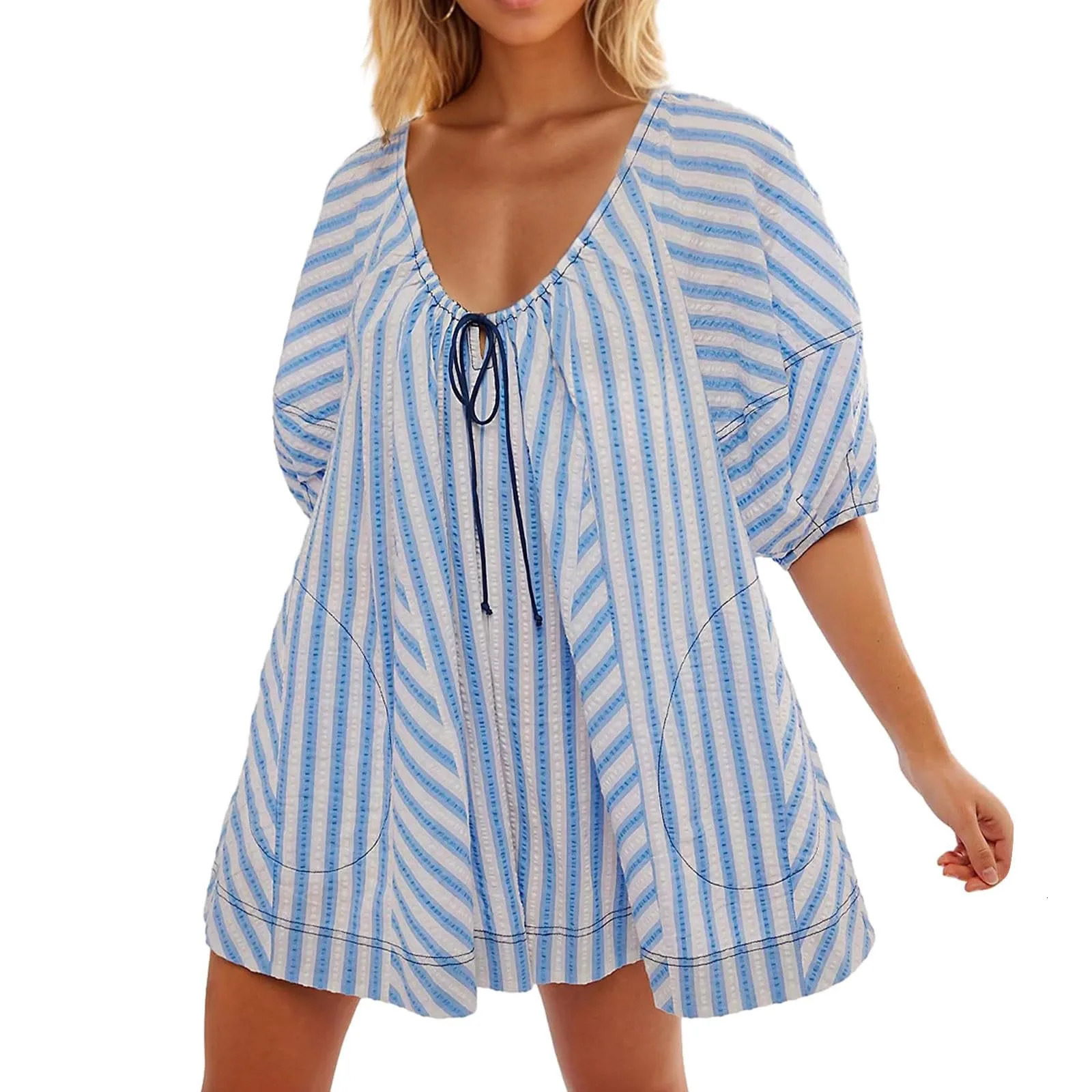 Summer Beach Rompers For Women Casual Loose Striped Puff Short Sleeve Adjustable Neck Wide Leg Oversized Jumpsuit With Pockets 250528
