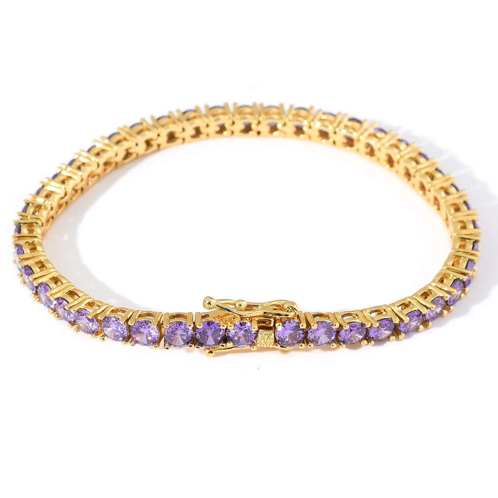 Hip hop bracelet 4mm copper with purple Moissanite tennis chain fashionable and trendy brand for couples hip-hop accessories moissanite