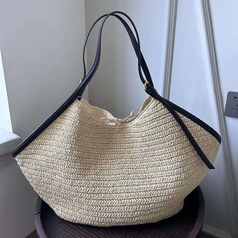 Straw Beach Tote New Top Layer Cowhide Patchwork Raffia Tote Large Capacity Handwoven Genuine Leather Straw Bag Crossbody Bag
