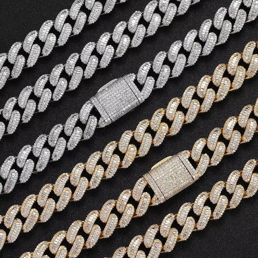 Men 15mm Box Button Miami Cuban Jewelry Frozen Full CZBaguette Necklace Chain