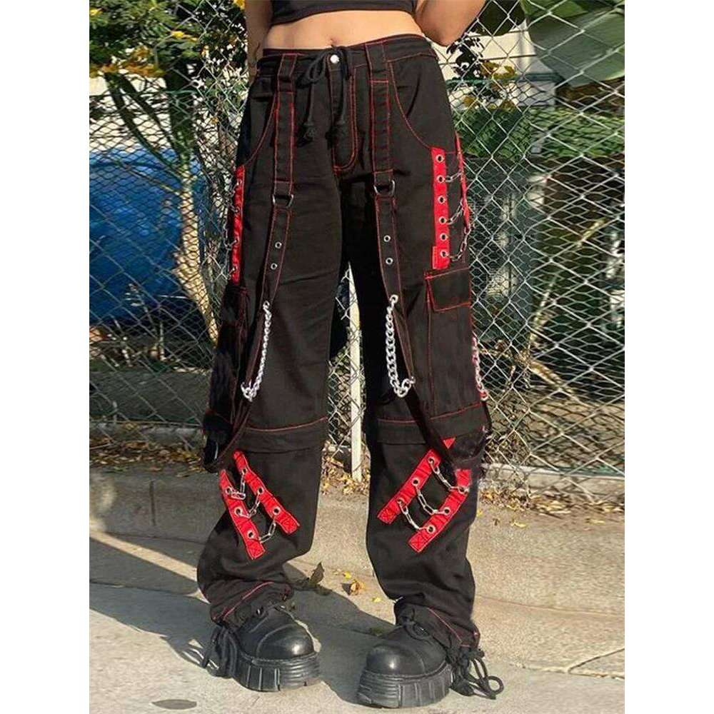 CHRONSTYLE Fashion Women Low Waist Baggy Rock Style Wide Leg Cargo Pants Washed Jeans With Flap Pockets Club Streetwear
