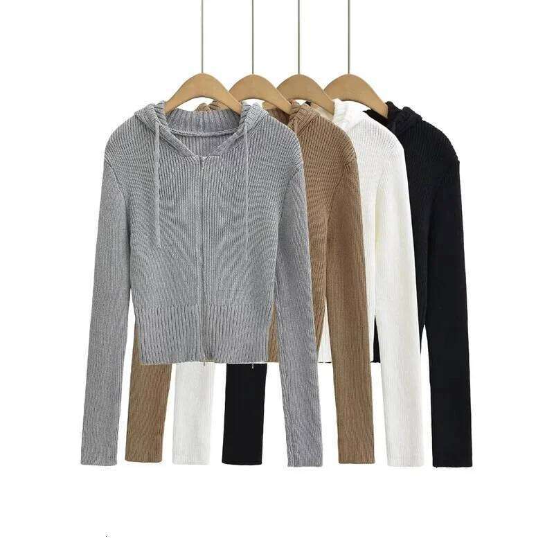 Women's Knitted Rib Crop Hoodie, Zip Up Cardigan