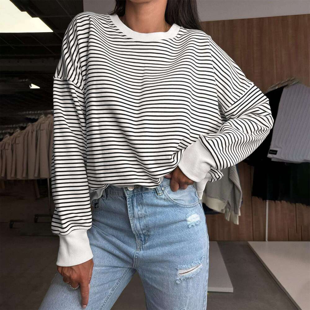Women's Sweatshirt Early Autumn 2025 New American Style Loose Design Striped Top Round Neck Pullover Long Sleeve T-Shirt Trend