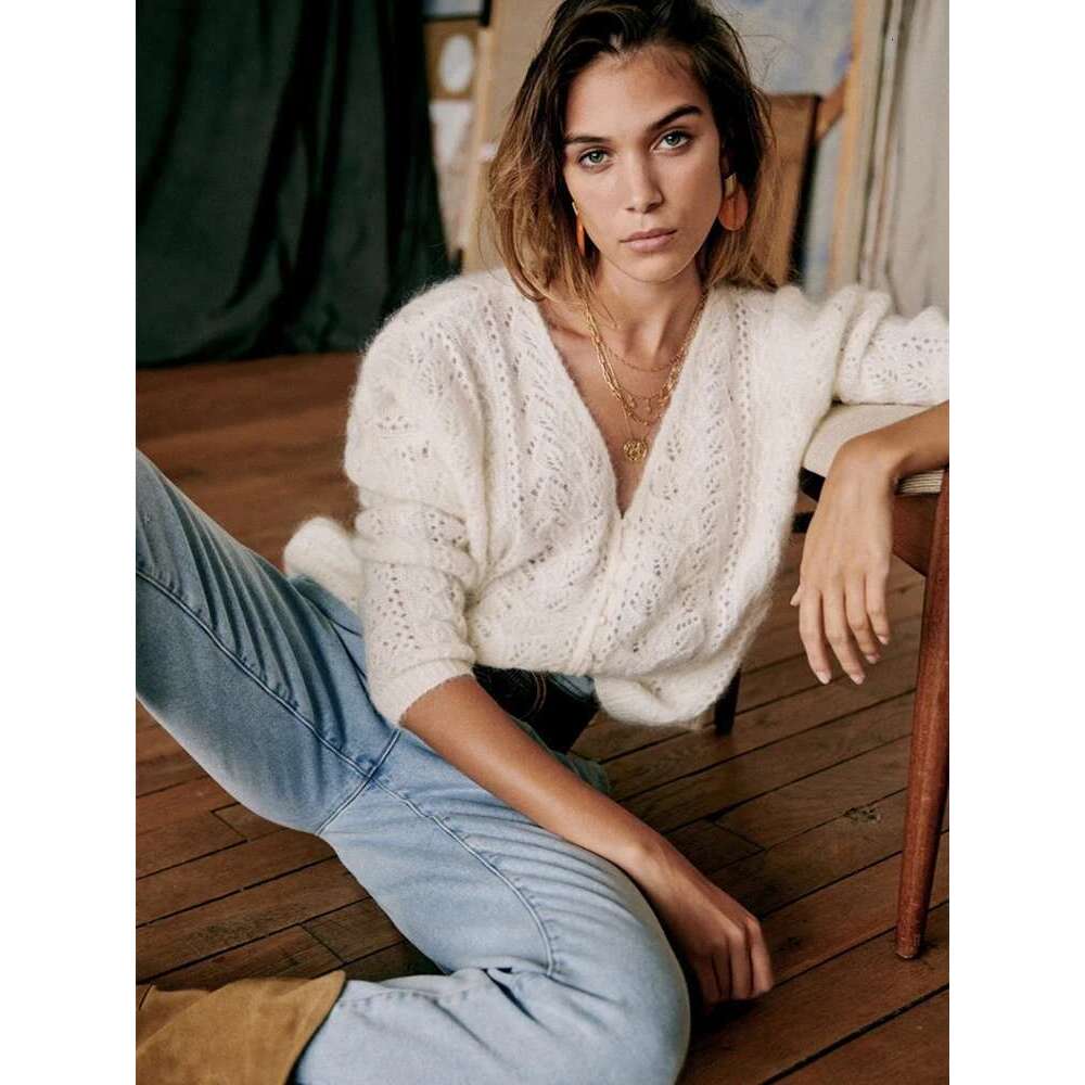 High Quality Women Mohair Blend Hollow Out Cardigan French Spring Autumn Ladies Single Breasted Solid Color Sweater Coat C-172