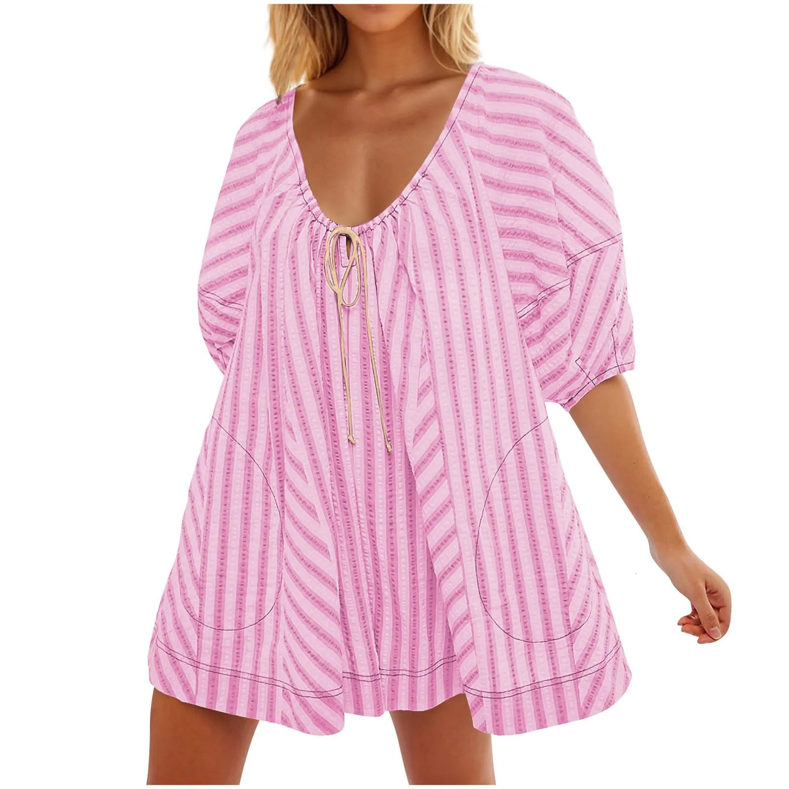 Summer Beach Rompers For Women Casual Loose Striped Puff Short Sleeve Adjustable Neck Wide Leg Oversized Jumpsuit With Pockets 250528