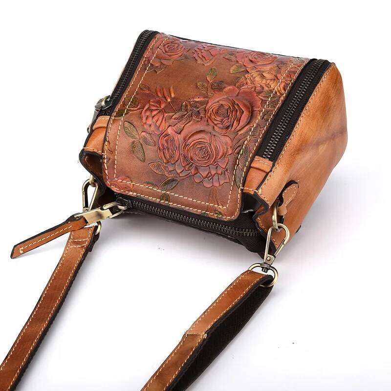 Womens Bag Leather Retro Hand Emed Shoulder Crossbody Vintage Floral Bucket Bags Large Capacity Purse Handbags