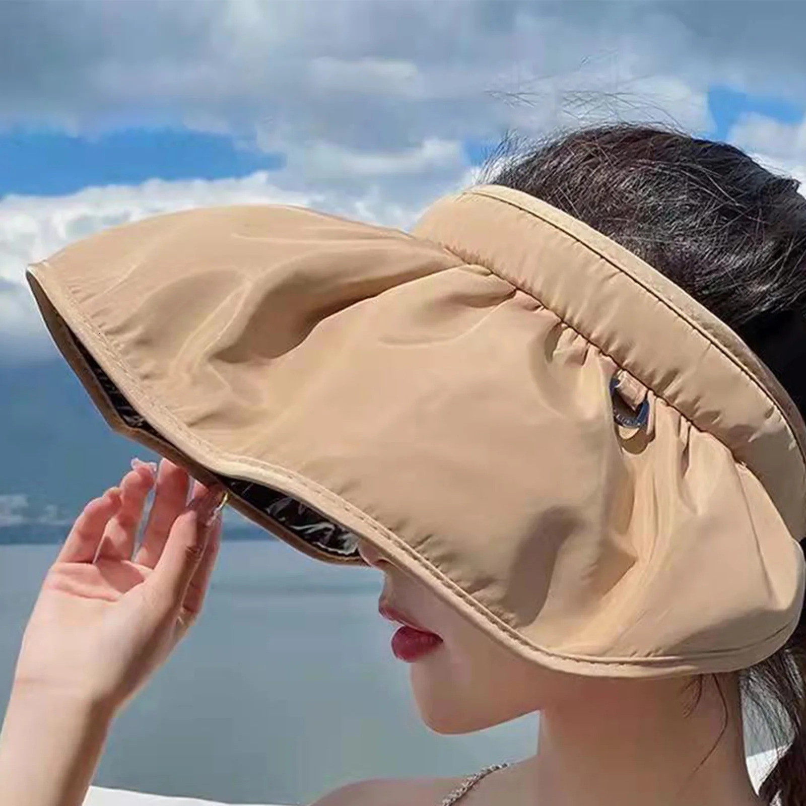 Korean Summer Dual-use Headband Sun Hat Women Hollow Top Outdoor Travel Cap Uv Sea Beach Hat Wide Brim Visor Hat Adjustable Size 250530