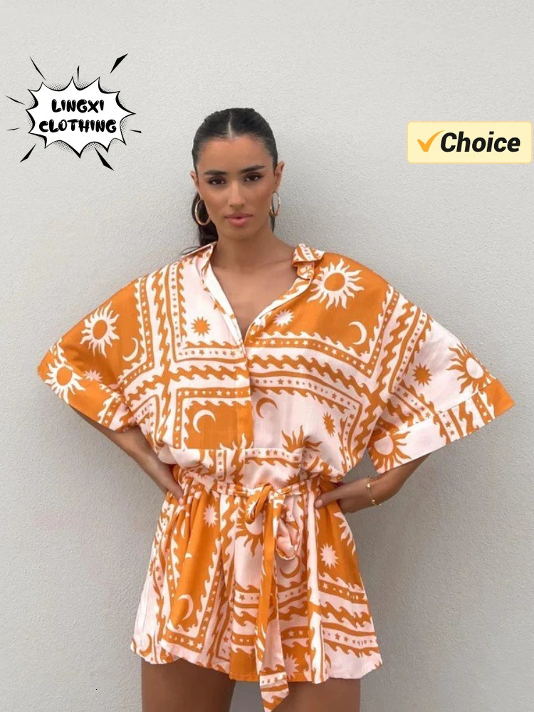 Summer Fashion Womens Printed Short Jumpsuit with Waist Tie Up and Lapel Half Open Holiday Style Womens Wear 250528