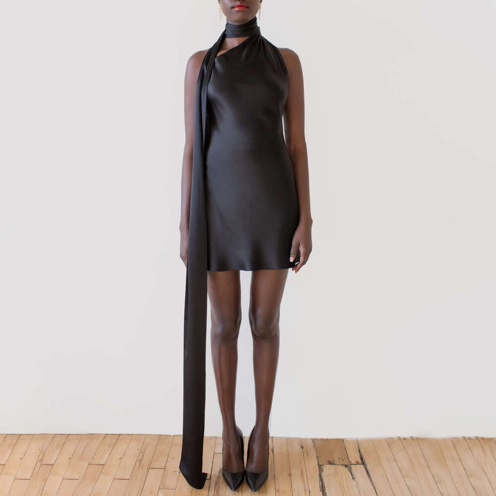 New European American with feminine feel, featuring a backless short skirt adjustable neck hanging satin dress This versatile and trendy new outfit fr