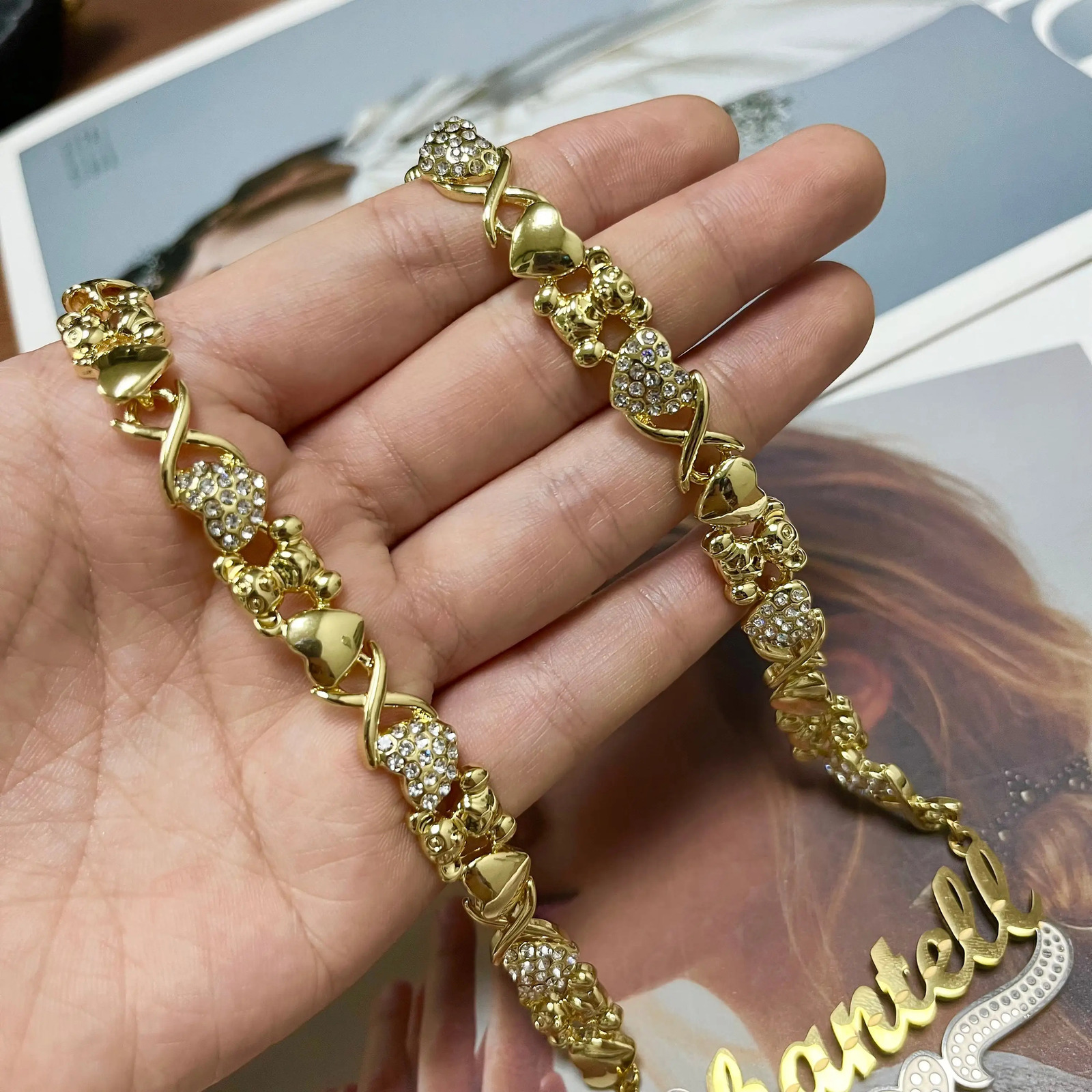 3D Double Plated Name Necklace Custom Name Necklace with Teddy Bear Personalized Nameplate Pendant Chain Gift For Women Kids 250529