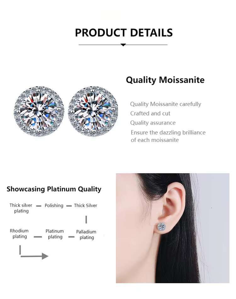 Great Quality 925 Silver Moissanite Earrings Fashionable Sparkling Stud Design Chic Hip Hop Style