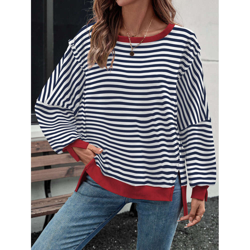 Hot Selling Casual Loose Autumn Winter Long Sleeve Striped Split Round Neck Design Street Style Sweatshirt Top