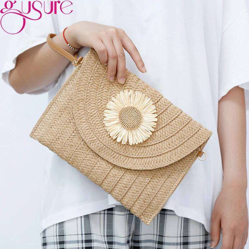 Straw Woven Shoulder Crossbody Bag Beach Clutch Handbag Casual Summer Handmade Envelope Bags for Women Totes Purse