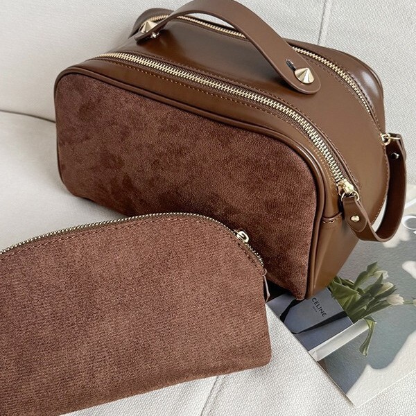 designer High-End Portable Handheld Matte Leather Makeup Bag Large Capacity Double Zipper Mother-Daughter Two-Piece Set Toiletry Storage Bag