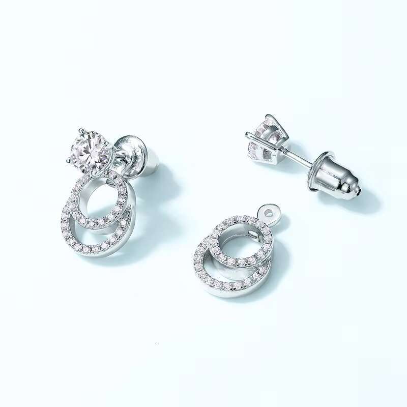 European American Style S925 Silver Moissanite Earrings for Women Double Ring Geometric Face Thin Cross-Border Live Broadcast