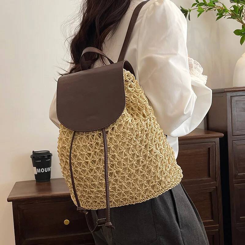 2025 New Retro Straw Backpack Designer Women's Fashion Shoulder Bag Multi functional Straw Weaving PU Leather Elegant Backpack