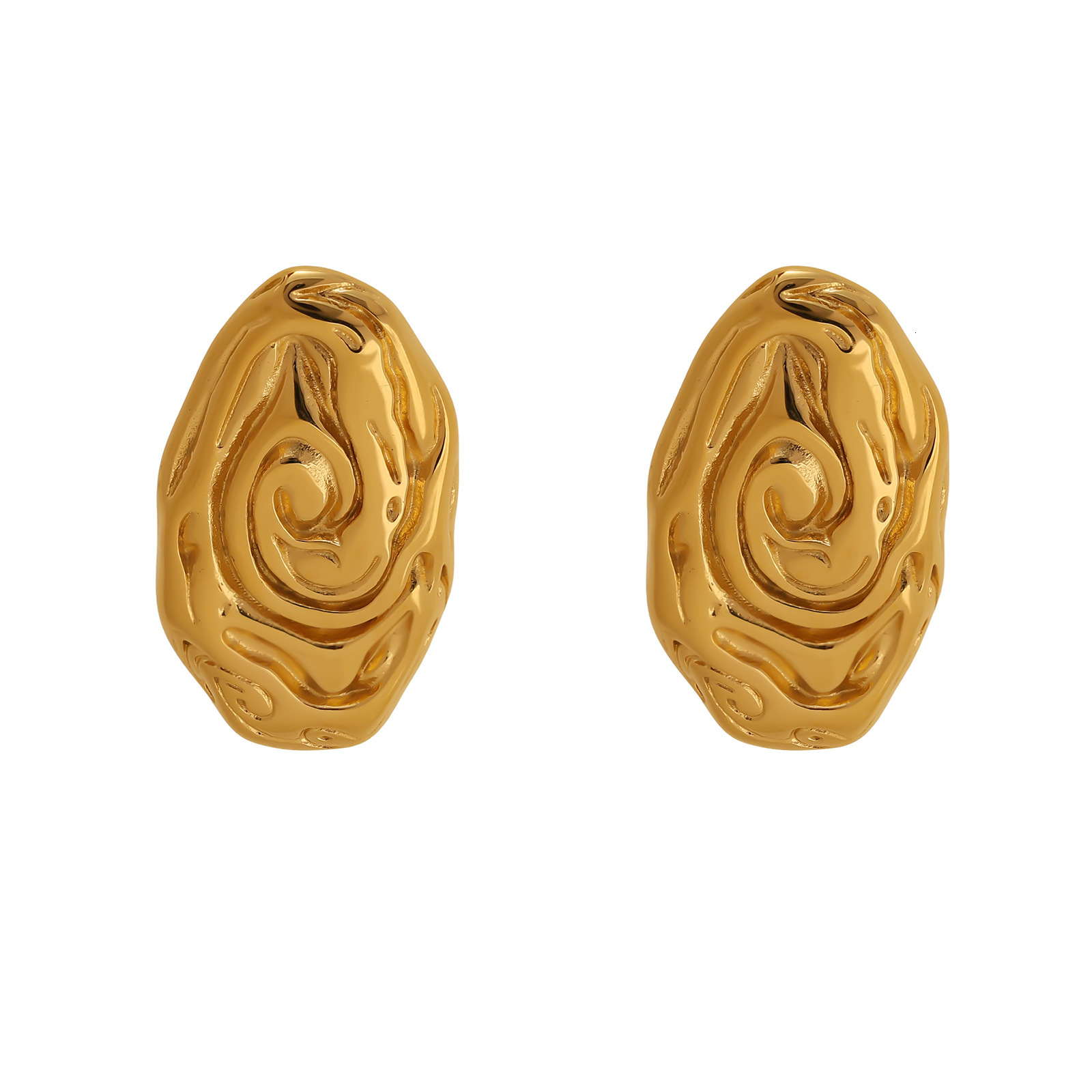 Stainless Gold-Plated Titanium Steel Unique Design Oval Irregular Spiral Pattern Swirl Shaped Earrings Studs Ear Jewelry