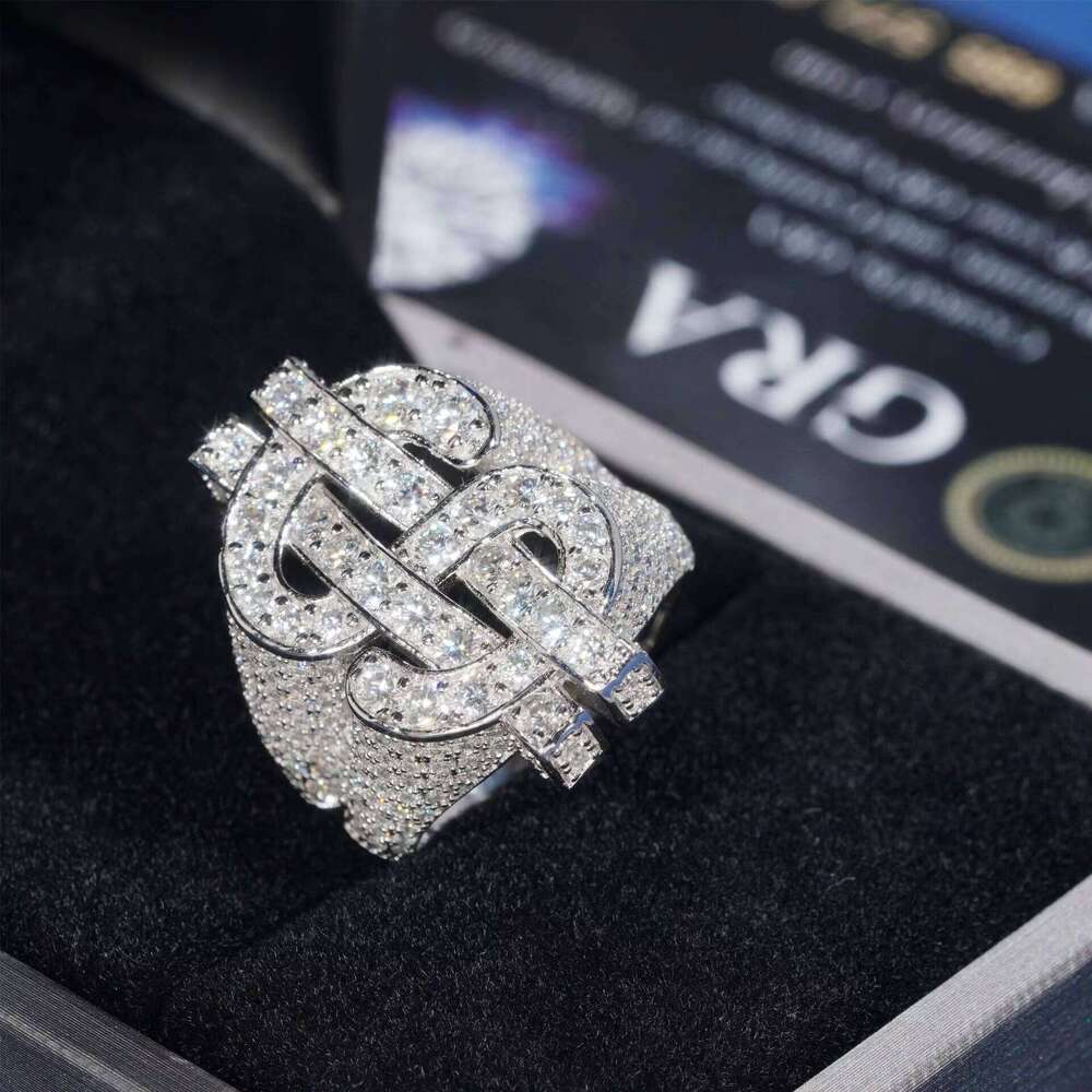 Sterling Sier Iced Out VVS Moissanite USD Dollar Symbol Ring Hip Hop Gold Plated Trendy Wedding Engagement Gift Jewelry