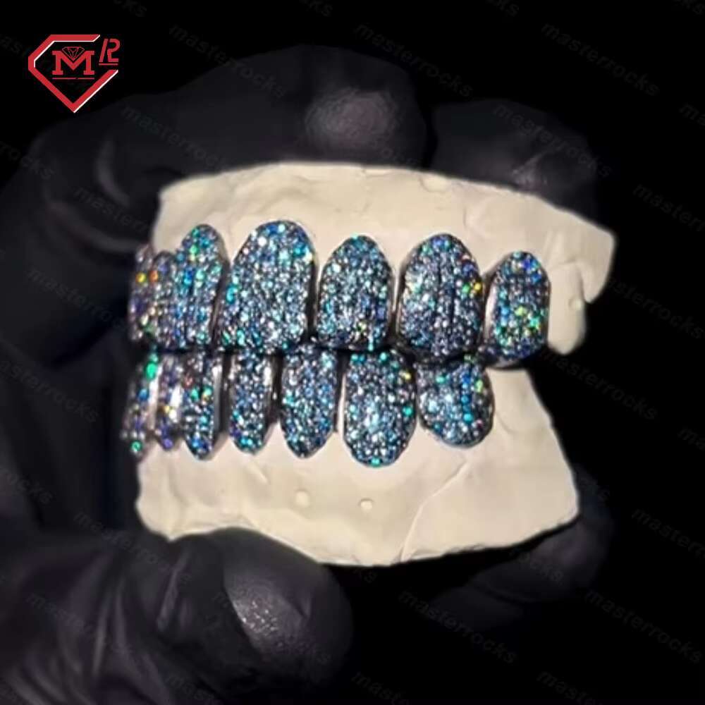 Best Shinning Blue Stones Teeth Grillz for Men 8 on 8 Permanent Cut Honey Comb 925 Silver Custom Iced Out Grillz