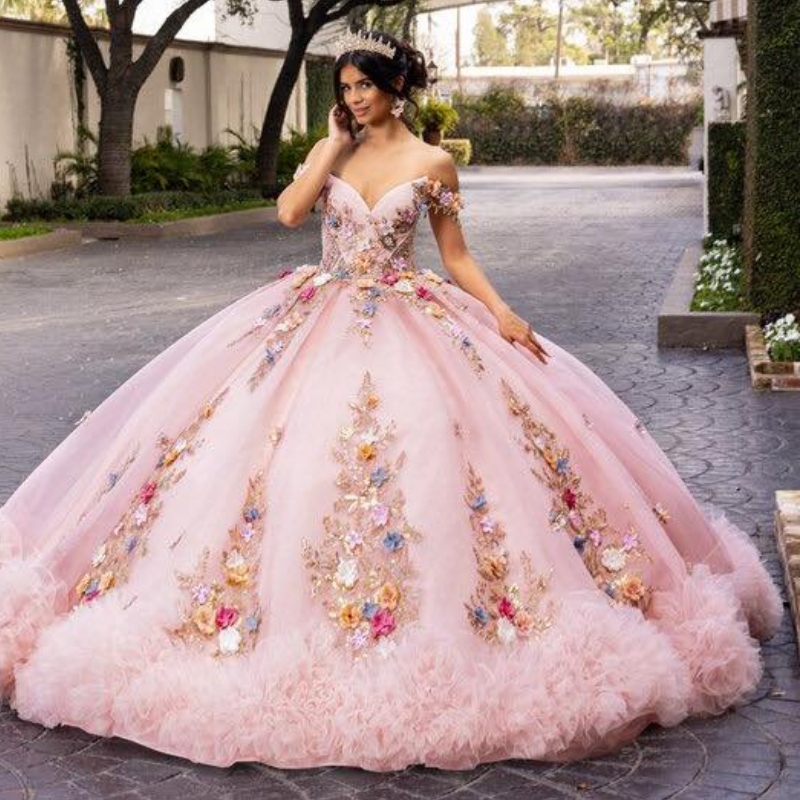 Pink Quinceanera Dresses Ball Gown Off The Shoulder Applique Flower Beading Crystal Tiered Tull Party Birthday Sweet 16 Dress Vestidos 15 Anos