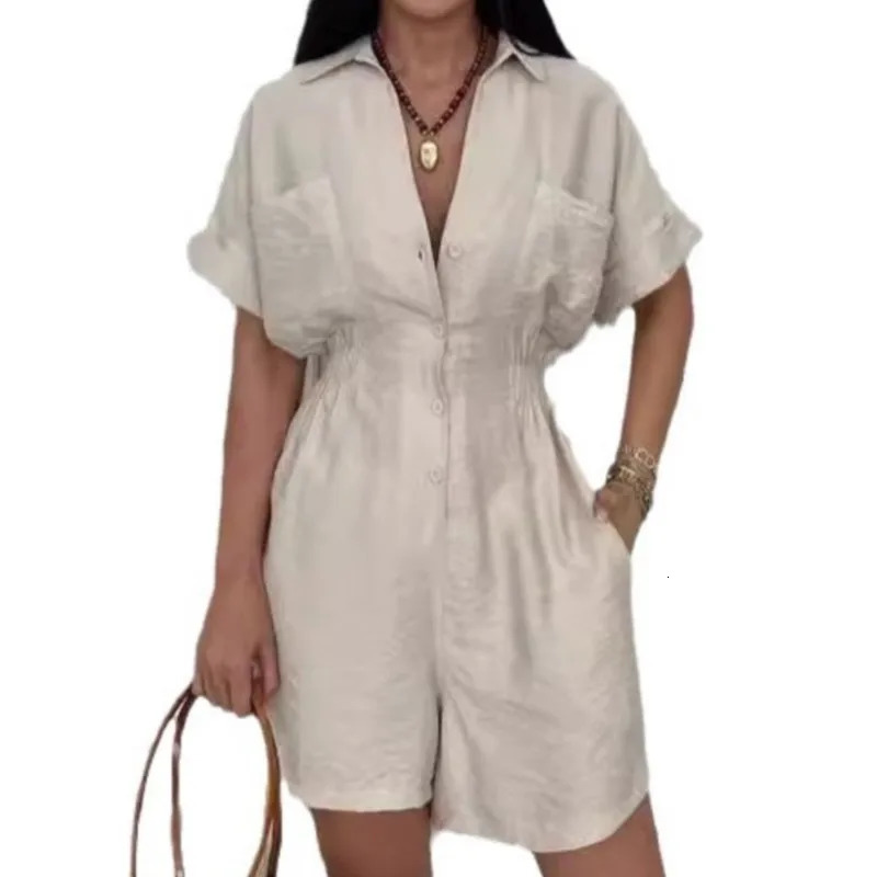 Women Fashion Pocket Shorts Jumpsuits Turn Down Collar Short Sleeve Tops Elastic Waist Shorts Casual Summer Femme Streetwear 250528