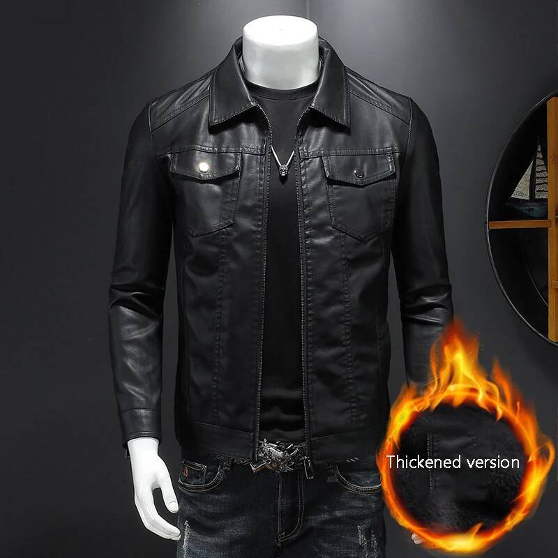 Men's Lapel Jacket Autumn Oversized Slim Motorcycle Riding Suit Winter Thickened PU Leather Waterproof Work Clothes