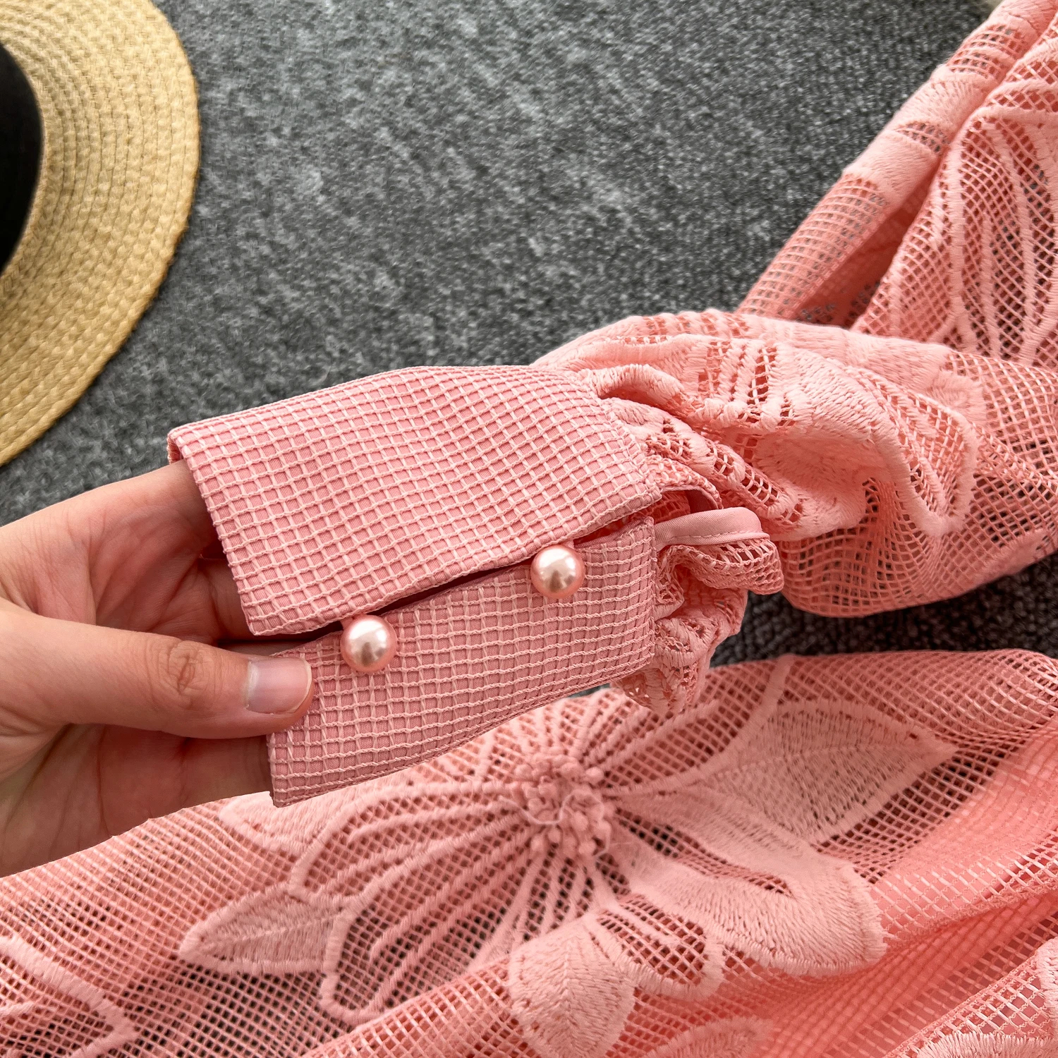 Women Casual Dresses Spring Summer French Lace Embroidery Women's Dress Stand Collar Long Lantern Sleeve Single Breasted Belt Party Birthday Dres