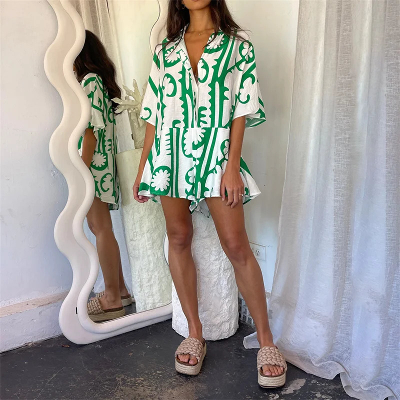 Lamuusaa Vacation Playsuit Women Summer Clothes Boho Graphic Print Single Breasted Short Sleeve Shorts Jumpsuit y2k Streetwear 250528