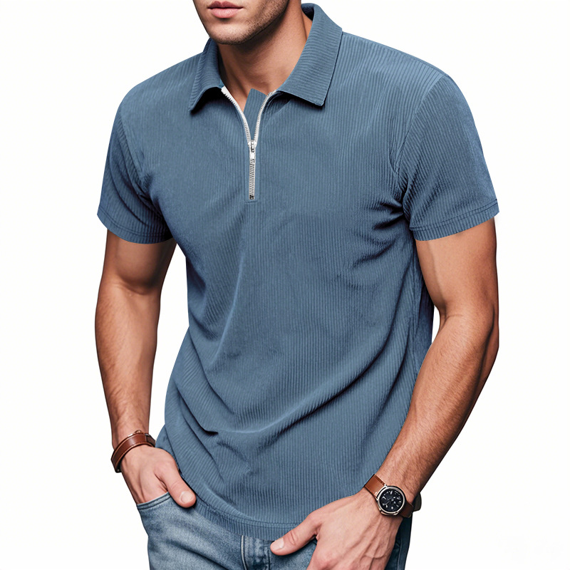 Mens designer polo Summer loose corduroy Amekaki half-zipper lapel short-sleeved T-shirt European code: S-3XL