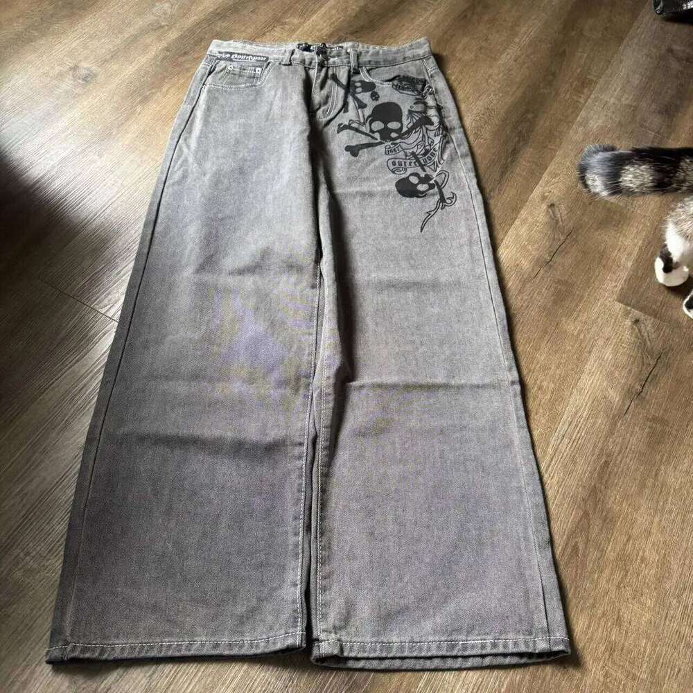 South Pole New Retro Skull Watermark Loose Jeans Men's And Women Y2k Haruku Gothic Hip Hop Skateboard Pants Street Wear