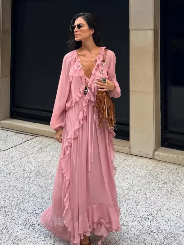 Elegant Solid Multiple Flounces Lace Up Dresses Chic Loose V Neck Full Sleeve Robes Lady Summer Commute Vacation Gown 250529