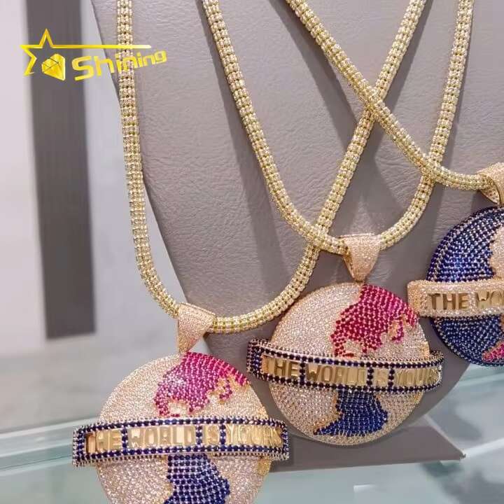 Hip Hop Rapper Jewelry 925 Sterling Silver Custom Colorful 3D Earth Pendant Hip Hop Iced Out VVS Moissanite Diamond Pendant Mens