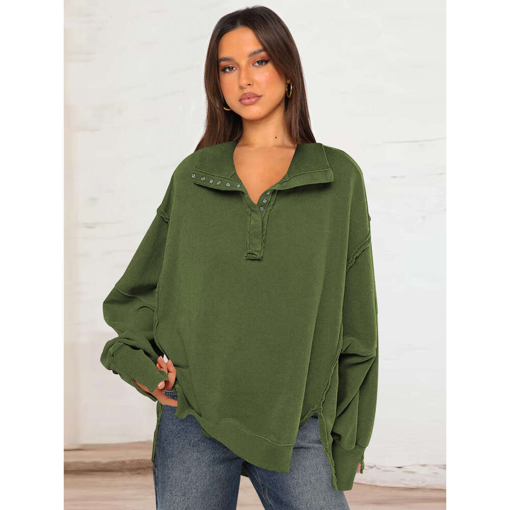 Decorative Line Design Sense Top with Split Lantern Sleeves Polo Collar Sweatshirt Jacket for Women Spring and Autumn