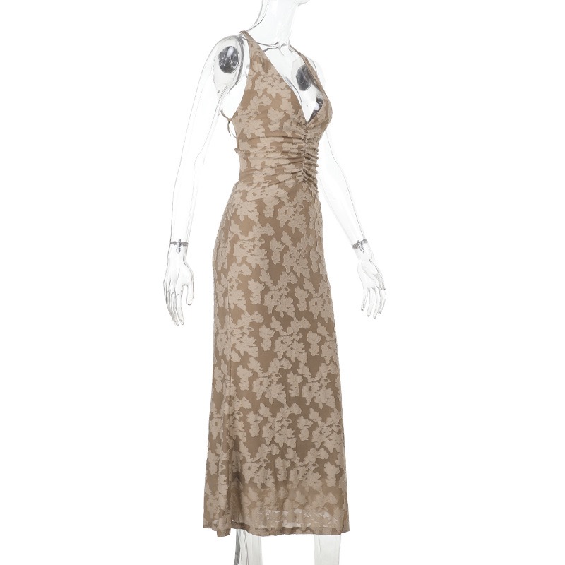 Women's summer dress, sleeveless, thin shoulder strap, mid-length dress, sexy stand-up collar floral cocktail party dress