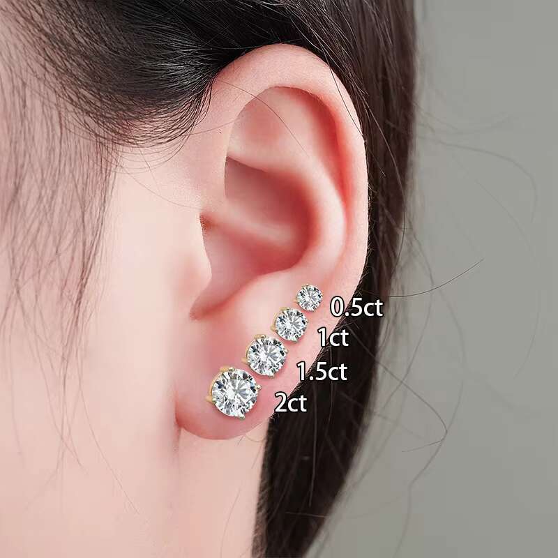 Starsgem 4 Prongs 14K White Yellow Rose Gold 0.5 1 1.5 2 CT Round Moissanite Diamond Stone Stud Earrings