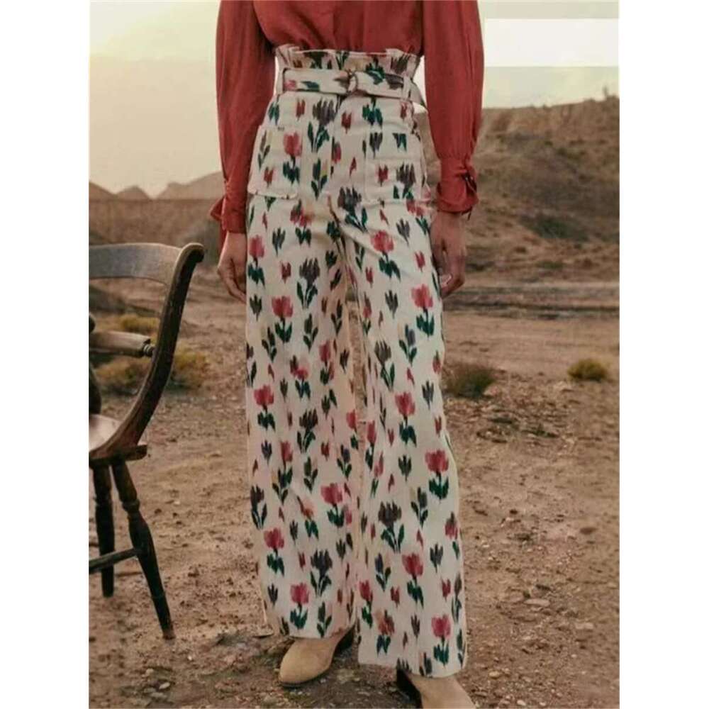 Women Lace-Up Ruffles High Waist Pants Cotton Colorful Printing Straight Casual Lady Loose Long Trousers 2025 Spring Summer