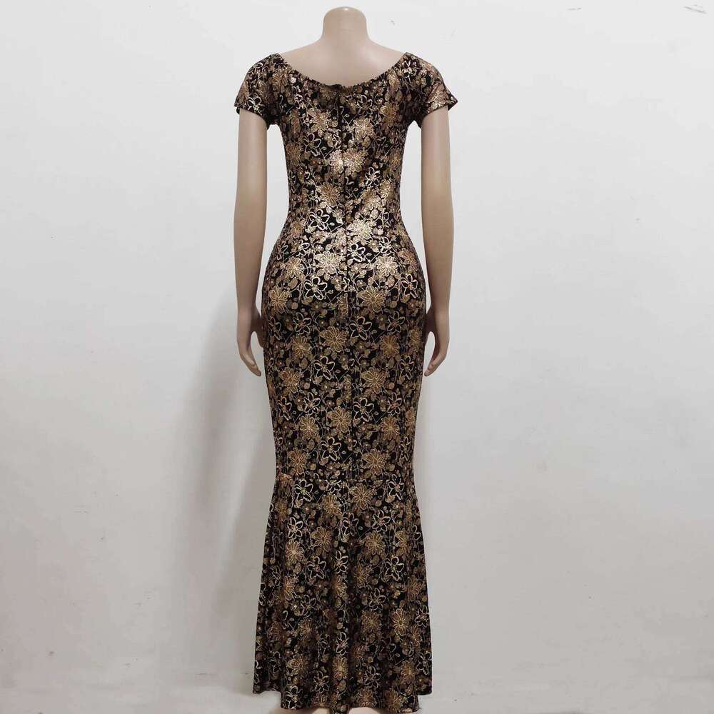 Women Elegant Flower Party Dress Off the Shoulder Short Sleeve Slit Maxi Long Dresses for Woman