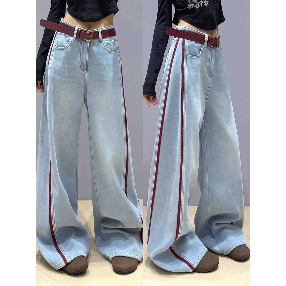 2025 NEW Splicing Blue High Street Straight Leg Fashion Y2k Style American Spring Oversized Women's Loose Jeans