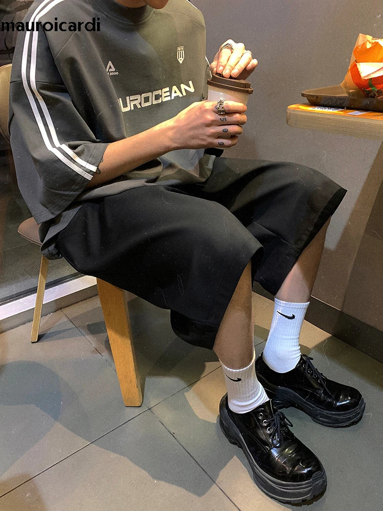 Mauroicardi Spring Summer Loose Casual Soft Black Pleated Shorts for Men with High Waist Short Straight Pants Clothes 250529