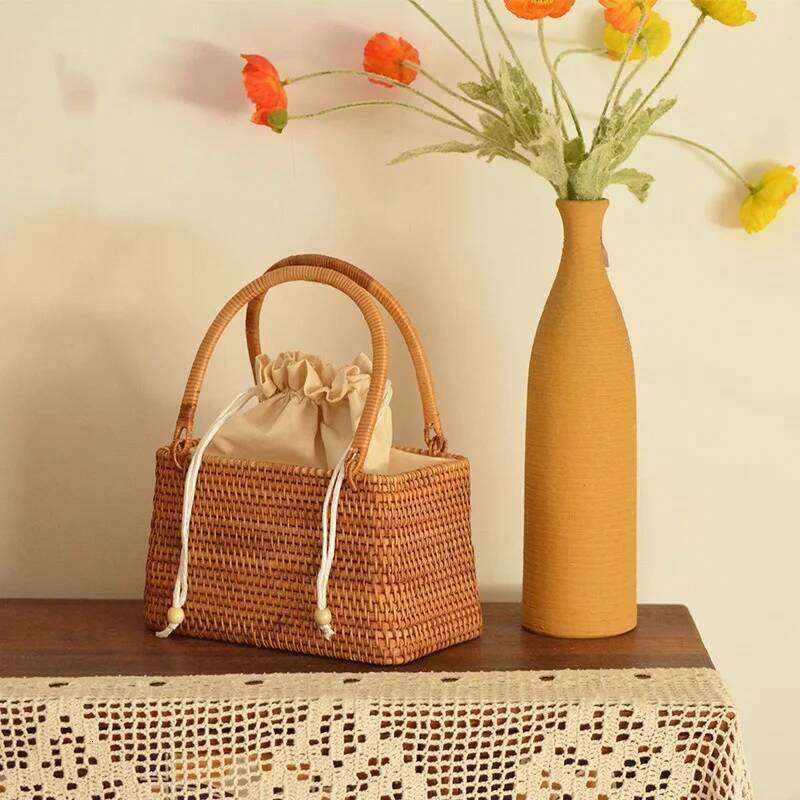 2025 Vieam Pure Handmade Outing Basket Hand-Woven Rattan Handbags Trendy Designer Boho Style Picnic Travel Clutch Bags
