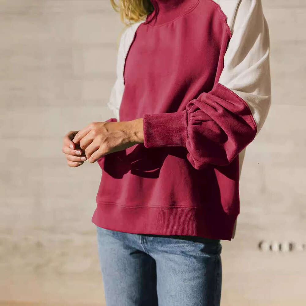 Hot Selling Women's Clothing Color-Block Design Lantern Half-High Collar Long Sleeve Sweatshirt Casual Commuter Women