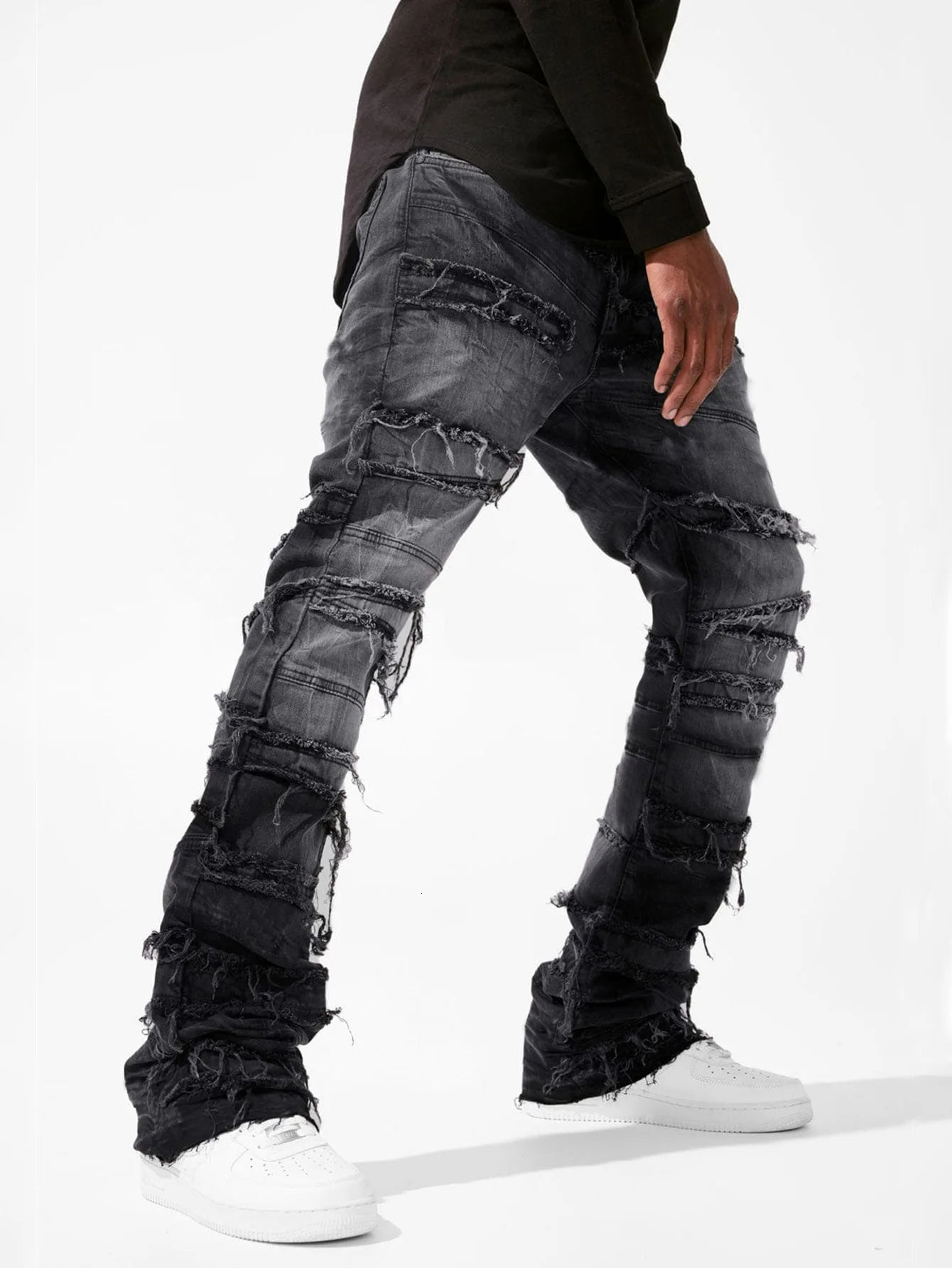 Stacked Jeans Men Patchworks Spliced Denim Ripped Wash Frayed Pants Males Streetwear Mens Tassel motorcycle jeans 250528
