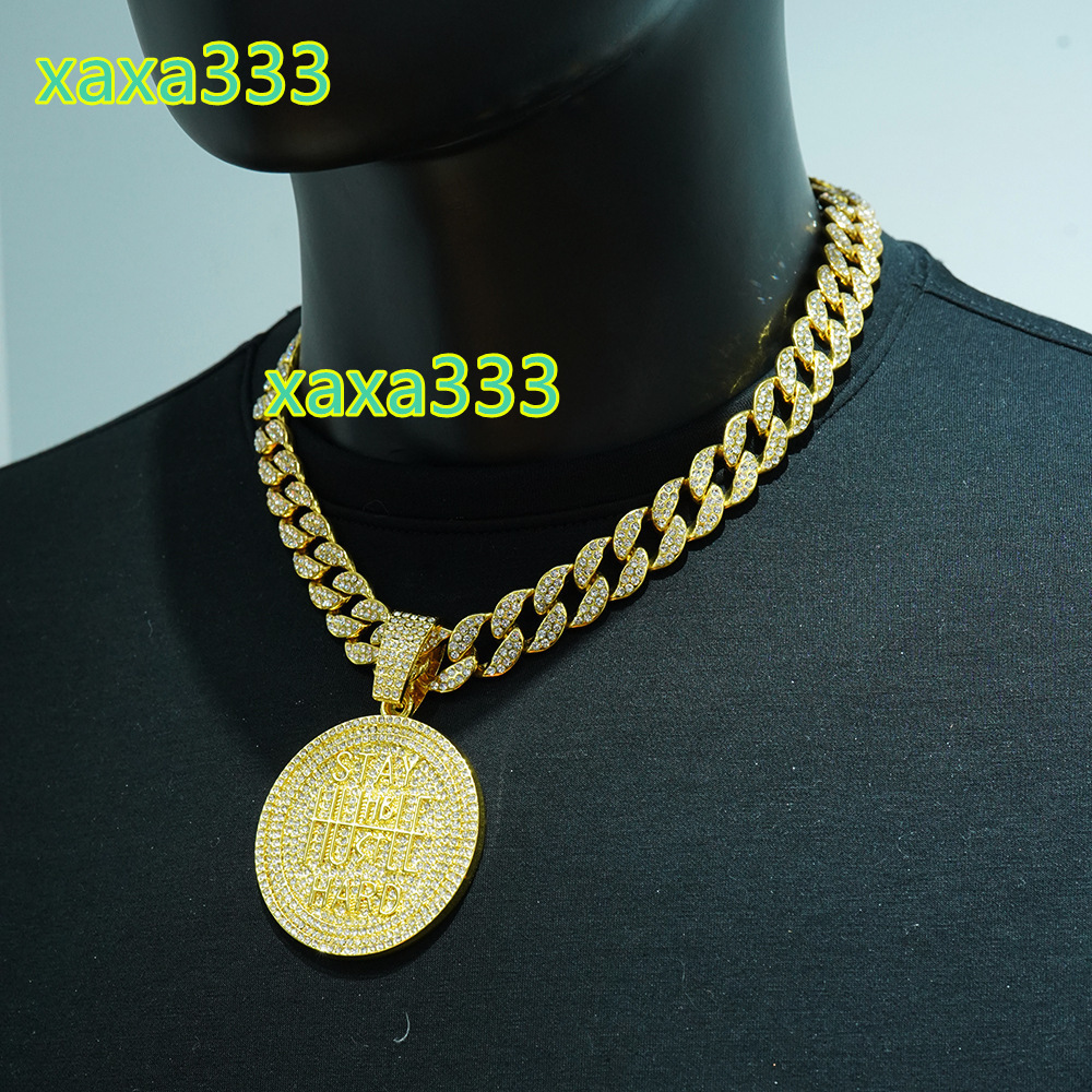 Wholesale Mens Hip-Hop Stay Hard Letter round Plate Pendant Necklace Full Diamond Cuban Link Chain with Gold Plating