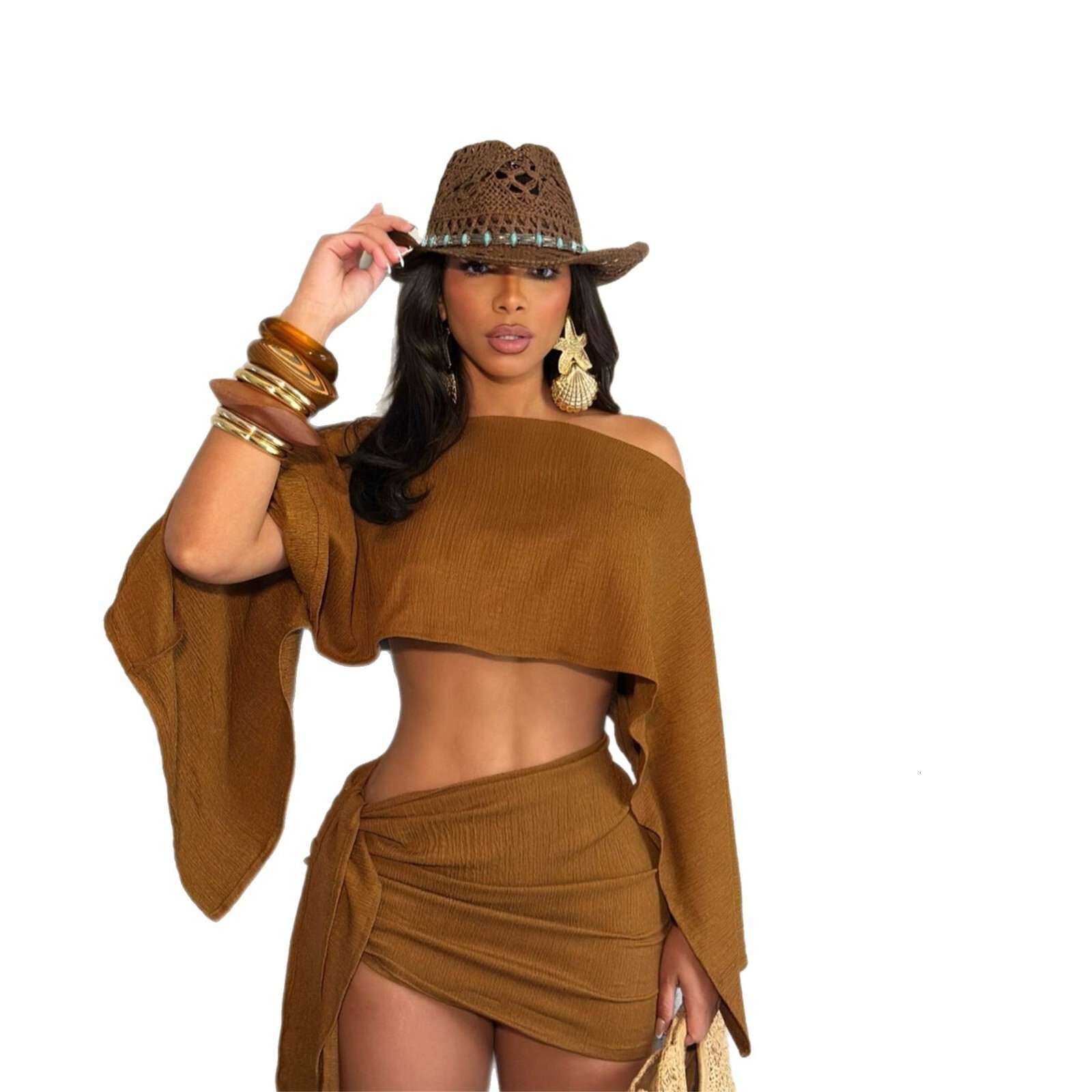 Designer T Shirt New Fashion Border Solid Slim Fit Vacation Style Asymmetric Neck Off Shoulder Top With Tie Waist Bodycon Skirt Set For Women Essentia