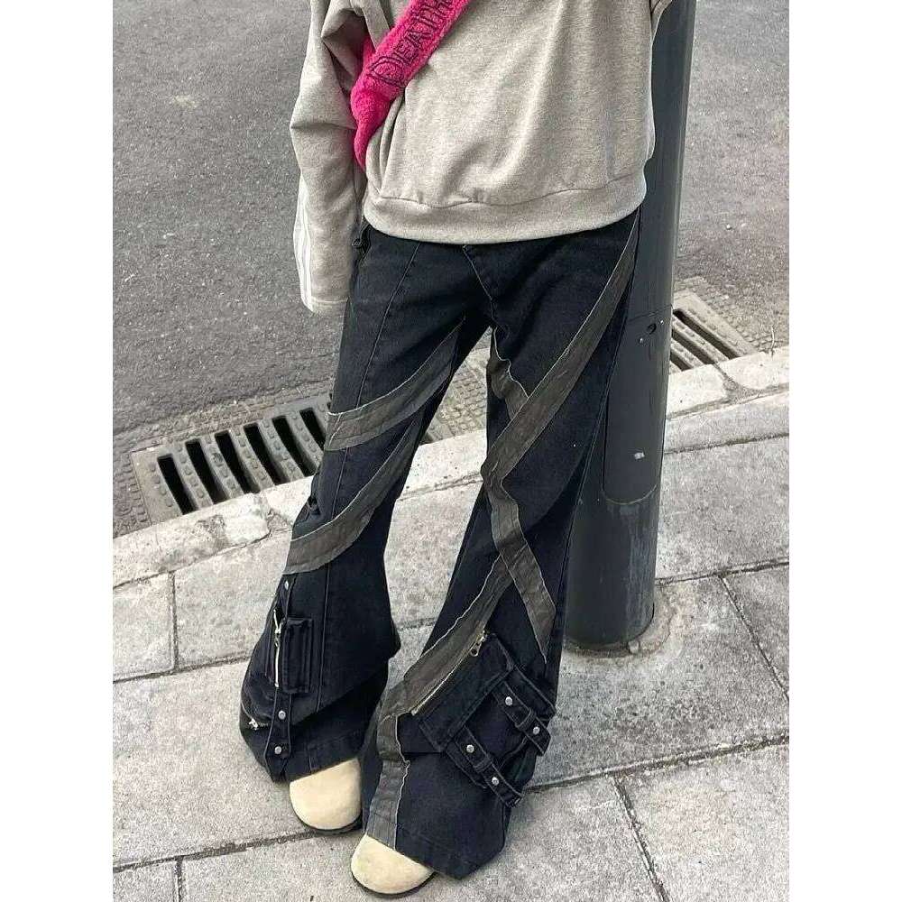 American Women Street Retro Zipper Splicing Micro Flared Jeans Y2k Slimming Multi Pocket Design Straight Leg Pants