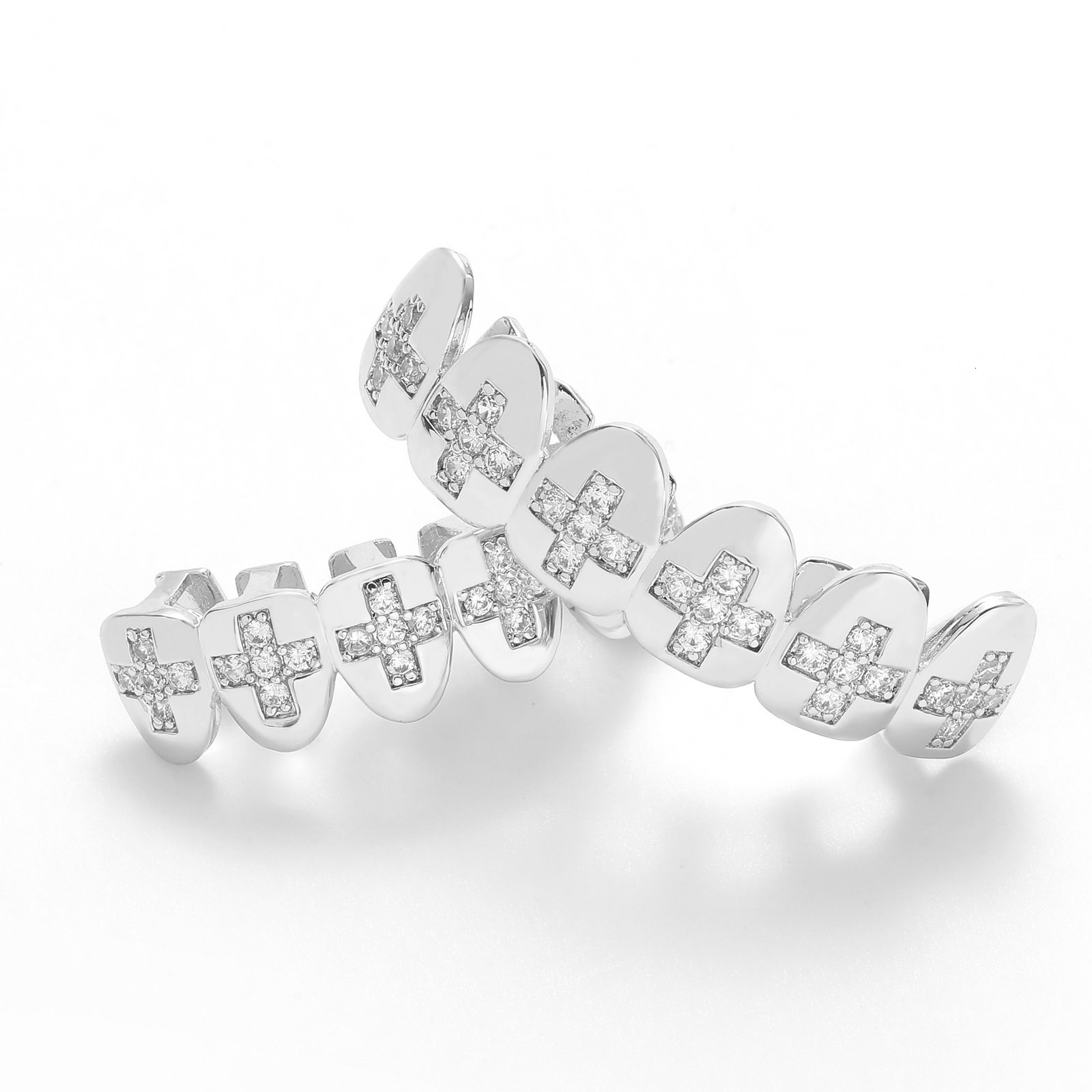 Hip Hop Teeth Set with Cross and Moissanite Teeth Set for Halloween Funny Men Personality Big Gold Teeth Grillz moissanite