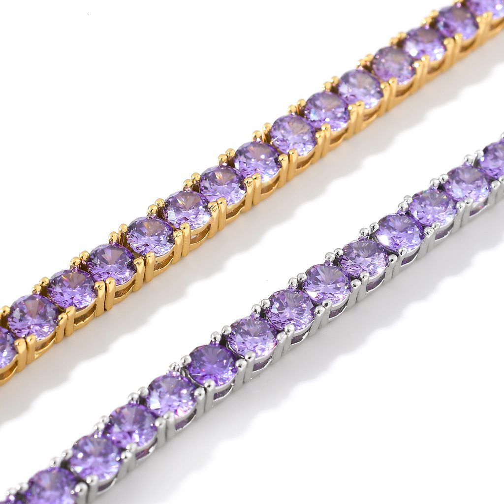 Hip hop bracelet 4mm copper with purple Moissanite tennis chain fashionable and trendy brand for couples hip-hop accessories moissanite
