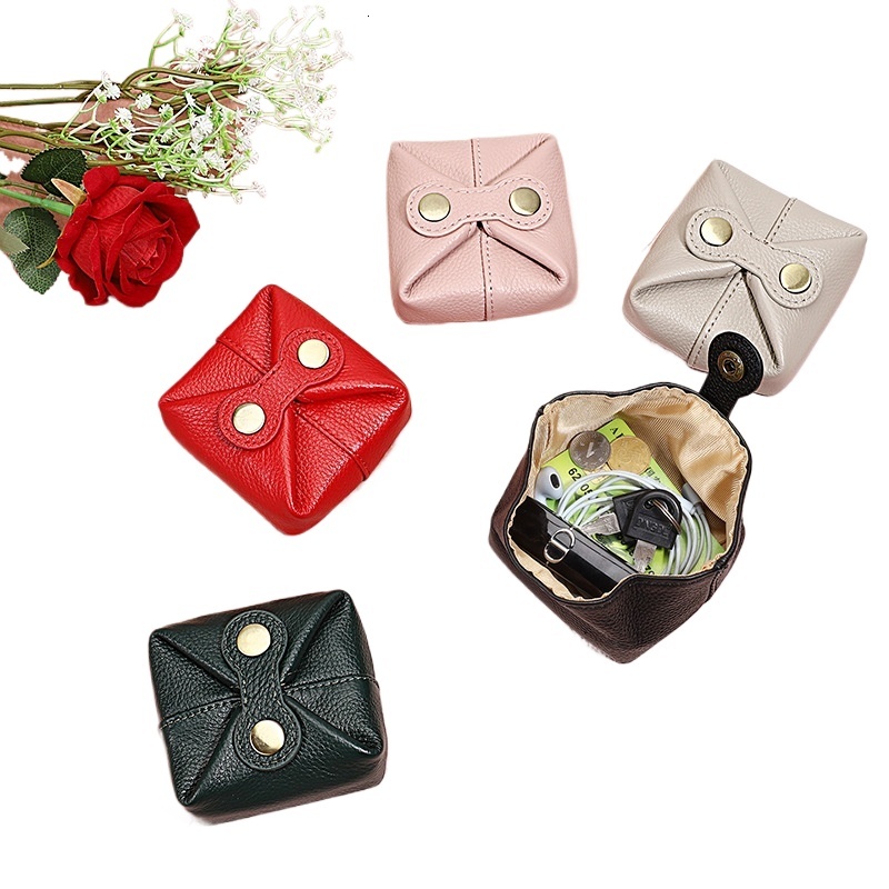 designer Cross-Border Genuine Leather Coin Purse for Women, Mini Square Bag with Four-Button Closure, Coin, Lipstick, Earphone, Data Cable, Anti-Lost 