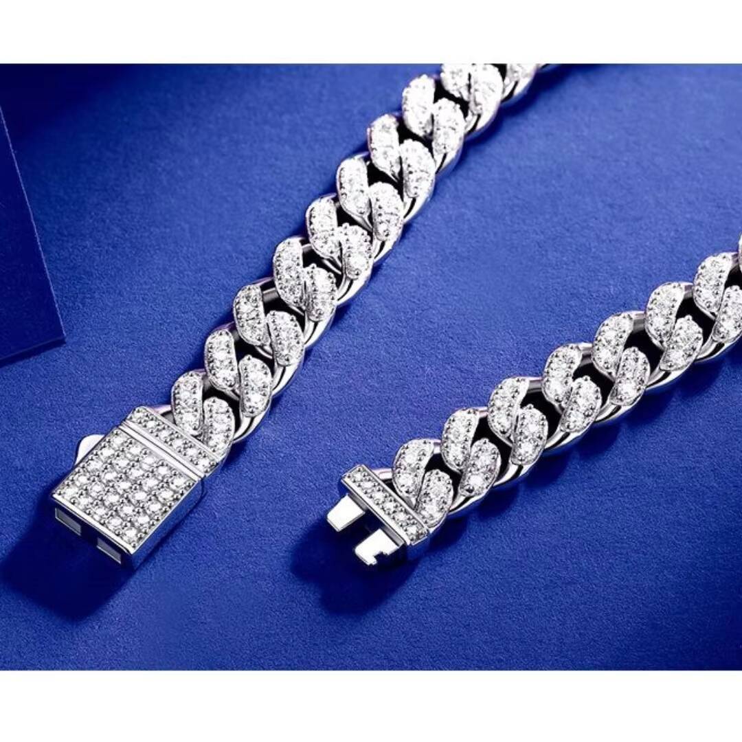 Pure Sier Chrysoprase Iced Out Cuban Chain Necklace Bracelet for Men and Women Platinum Plated VVS D Color Hip Hop