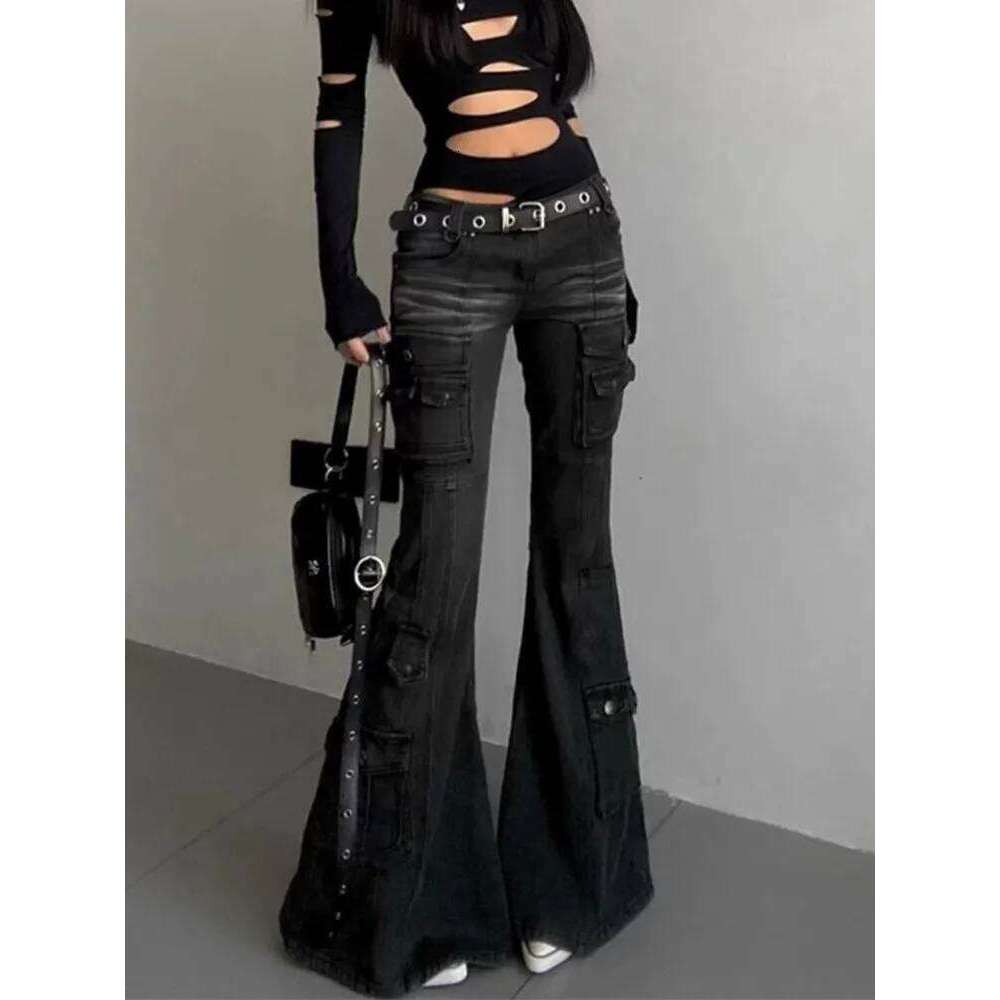 2025 Cyber Y2k Streetwear Vintage Black Slim Flare Cargo Jeans Pants Women Clothing Multi Pockets Lady Trousers Pantalon Femme